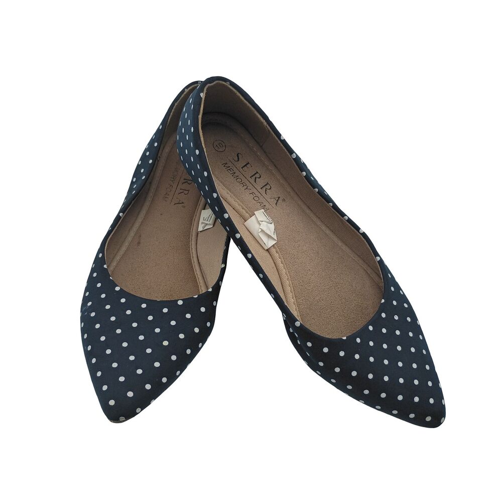 Serra Memory Foam Pointed Toe Ballet Flats Women's 10 Navy Blue White Polka Dot